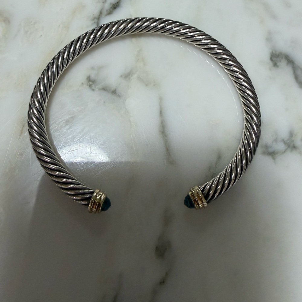 David Yurman Silver Cable Cuff with Blue Topaz and 18K Gold Accents